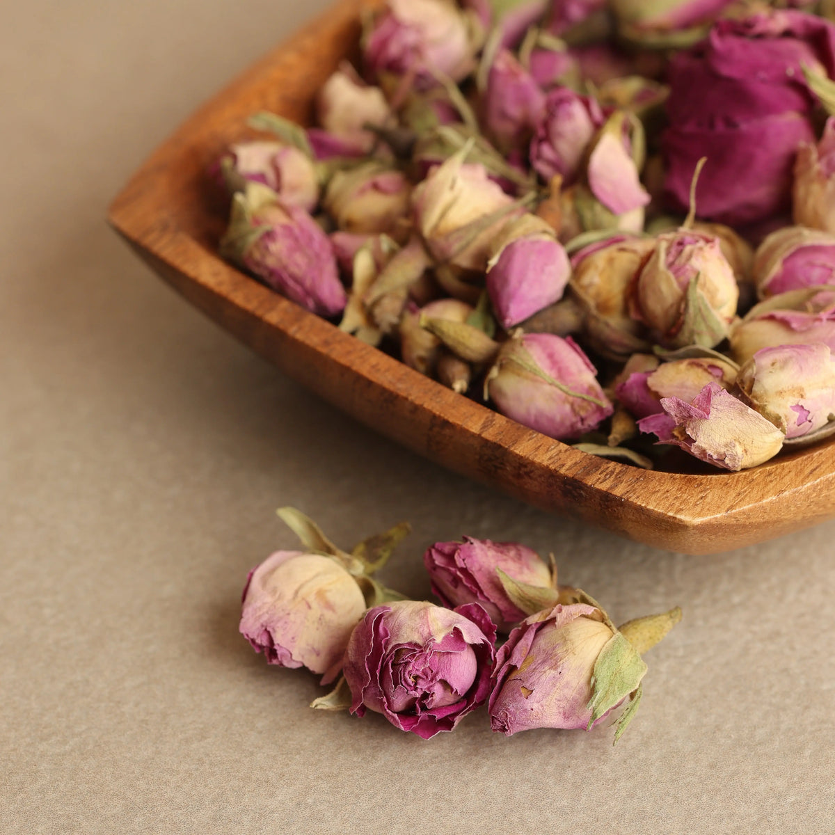 Dried Damask rose buds for herbal tea and infusion